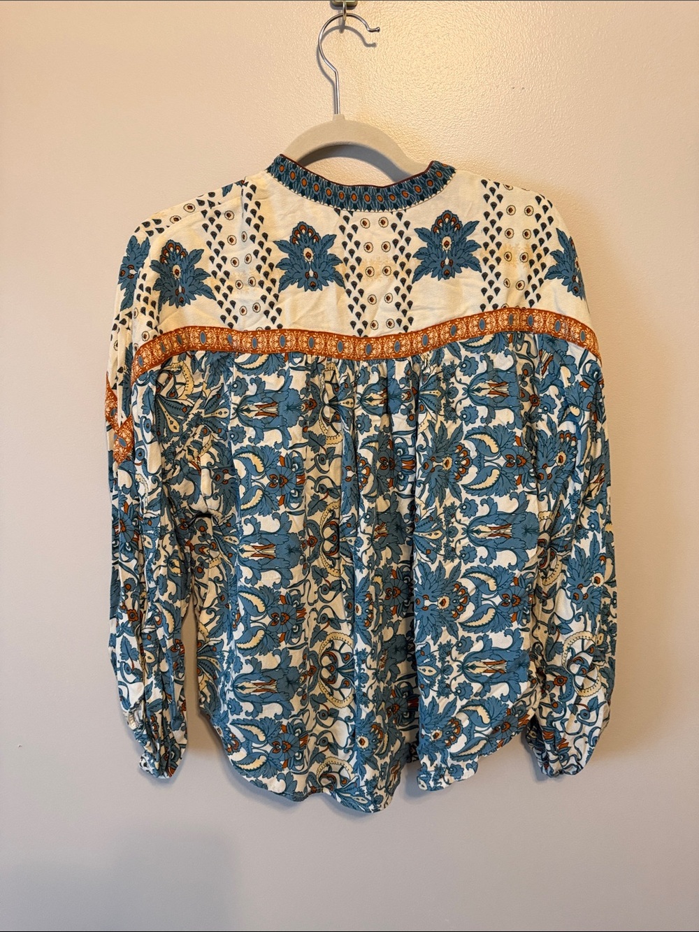 Anthropologie Teal, Cream & Orange Printed Button-Front Blouse - Picture 7 of 7